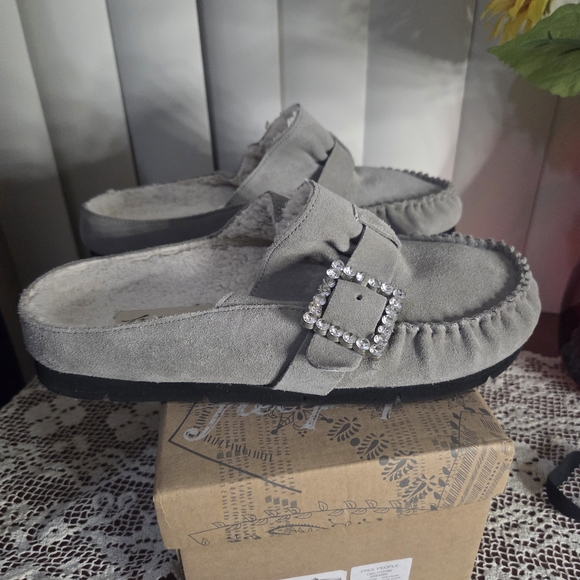Free People "Shearling After Riding" Grey Suede Mules - Picture 1 of 9